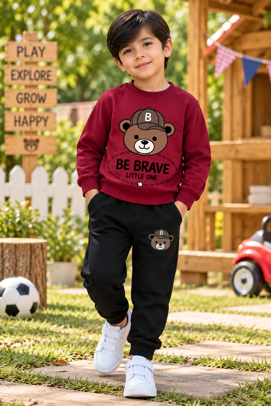 Be Brave Teddy Bear Boys Maroon Tracksuit – 2 Piece Set