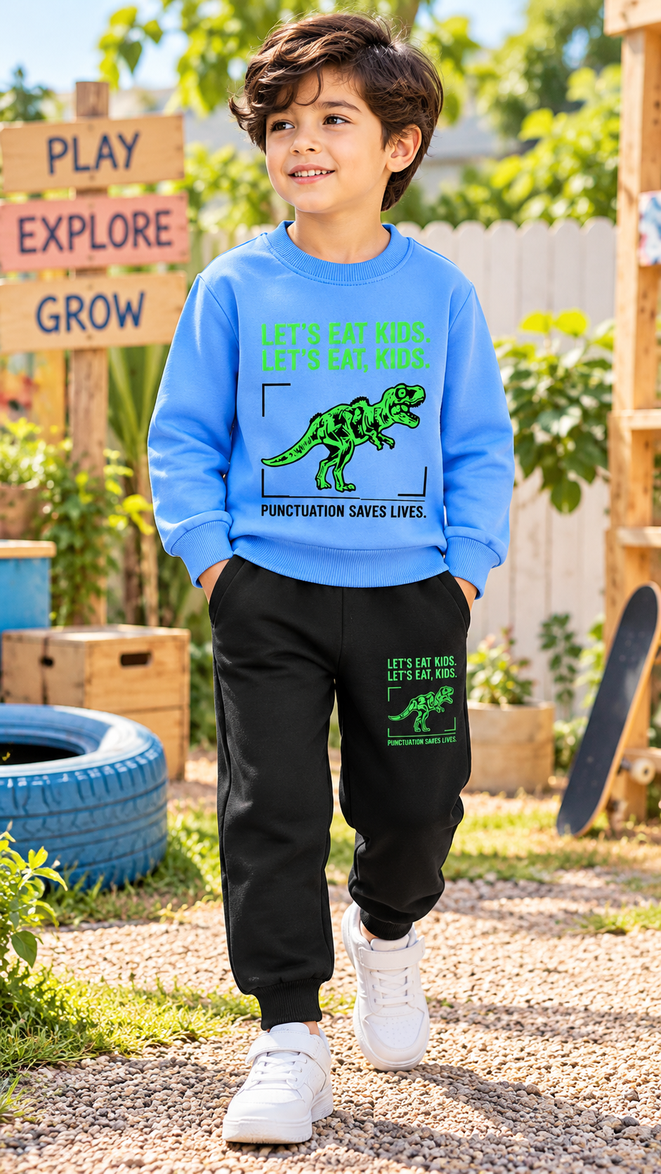 Boys Dinosaur Print Winter Tracksuit – Blue & Black