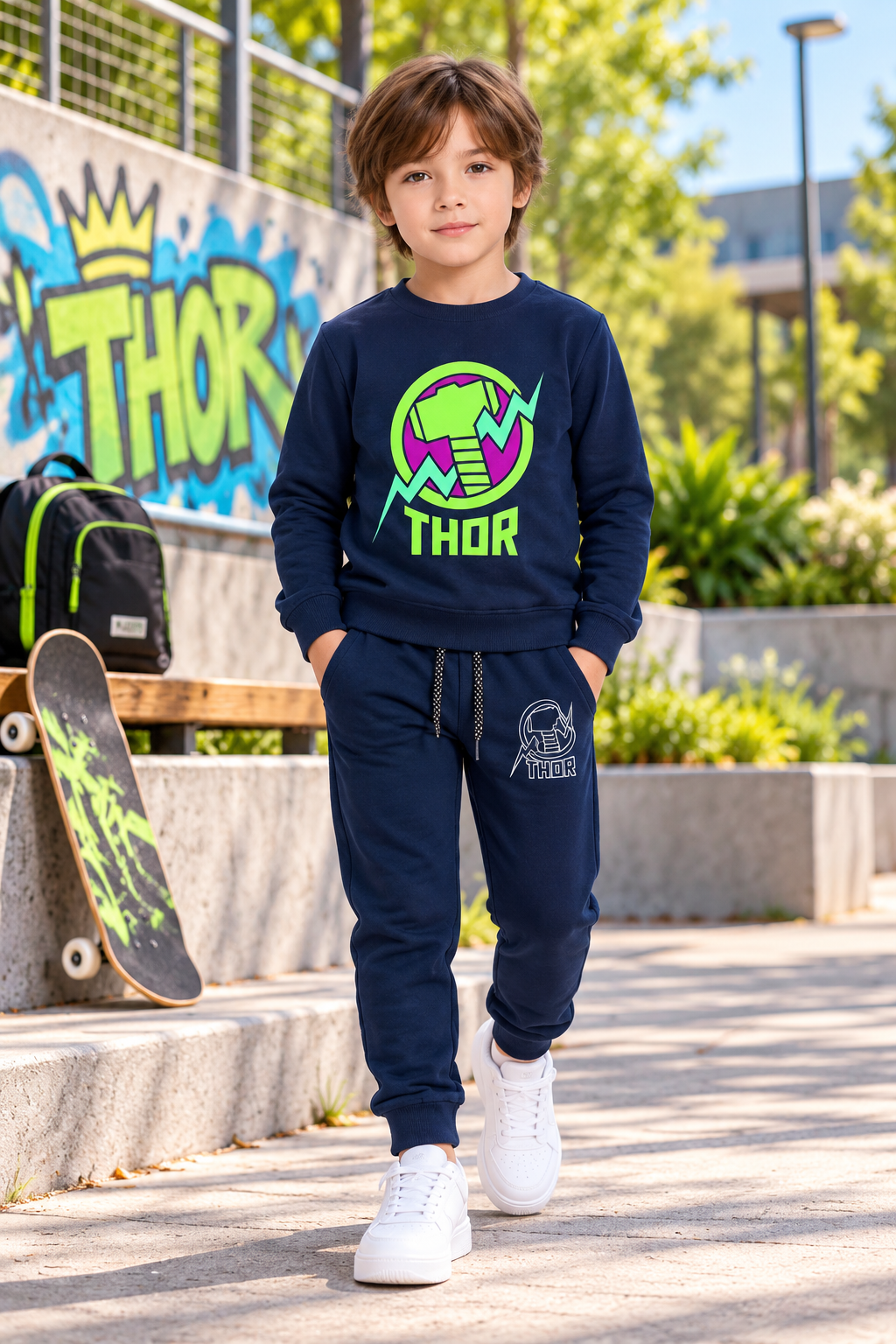 Boys Thor Graphic Winter Sweatshirt & Jogger Set – Navy Blue