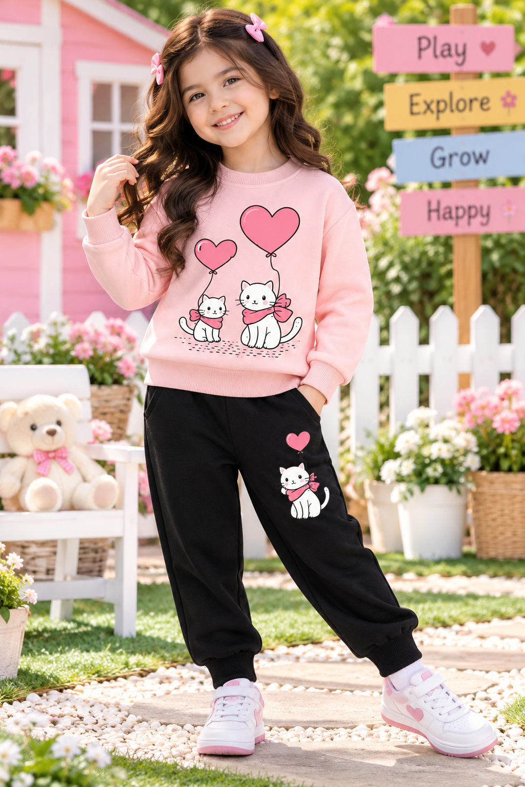 Pink Kitty Girls Tracksuit – 2 Piece Set