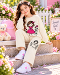 Girls Cute Floral Doll Print Sweatshirt & Trouser Set – Cream