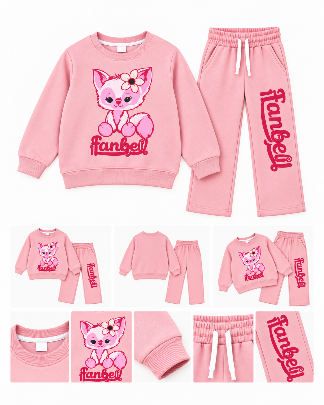 Girls Cute Fox Print Sweatshirt & Trouser Set – Baby Pink