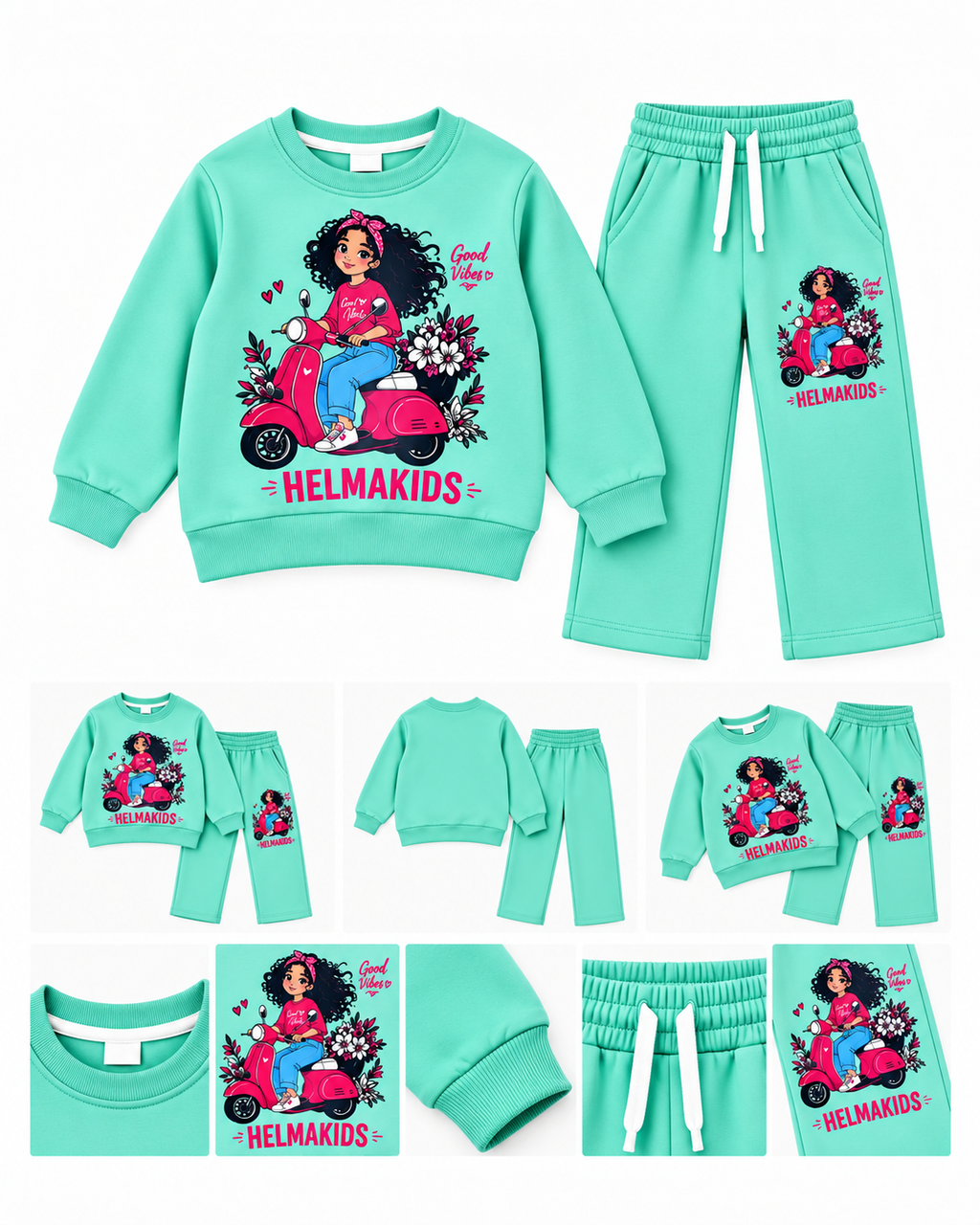 Girls Good Vibes Scooter Print Sweatshirt & Trouser Set – Mint Green