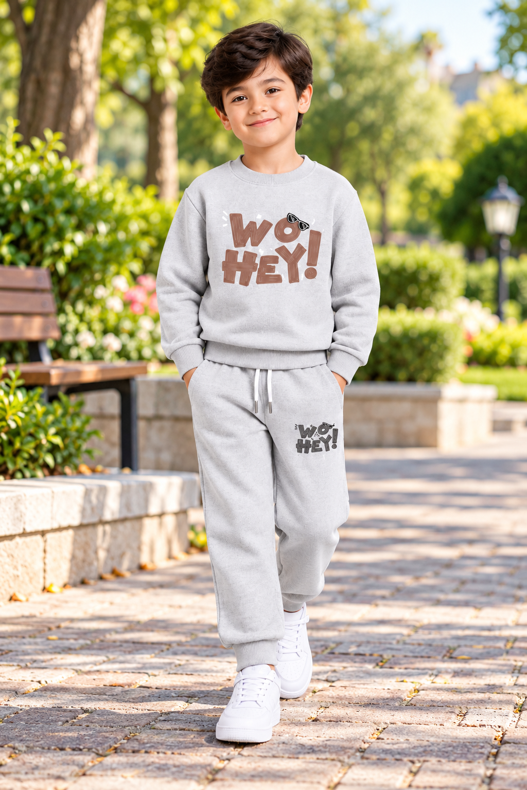 Boys Woo Hey Graphic Winter Tracksuit – Light Grey