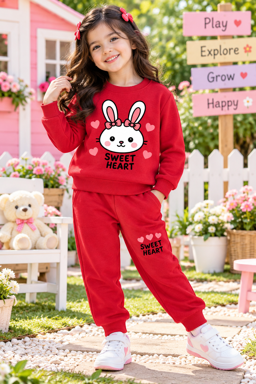 Sweet Heart Bunny Girls Red Tracksuit – 2 Piece Set