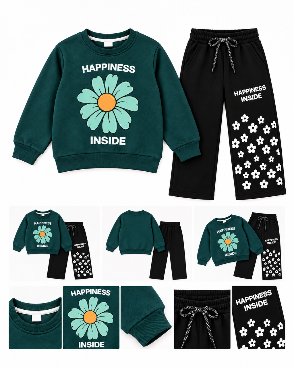 Girls Happiness Inside Floral Sweatshirt & Trouser Set – Dark Green & Black