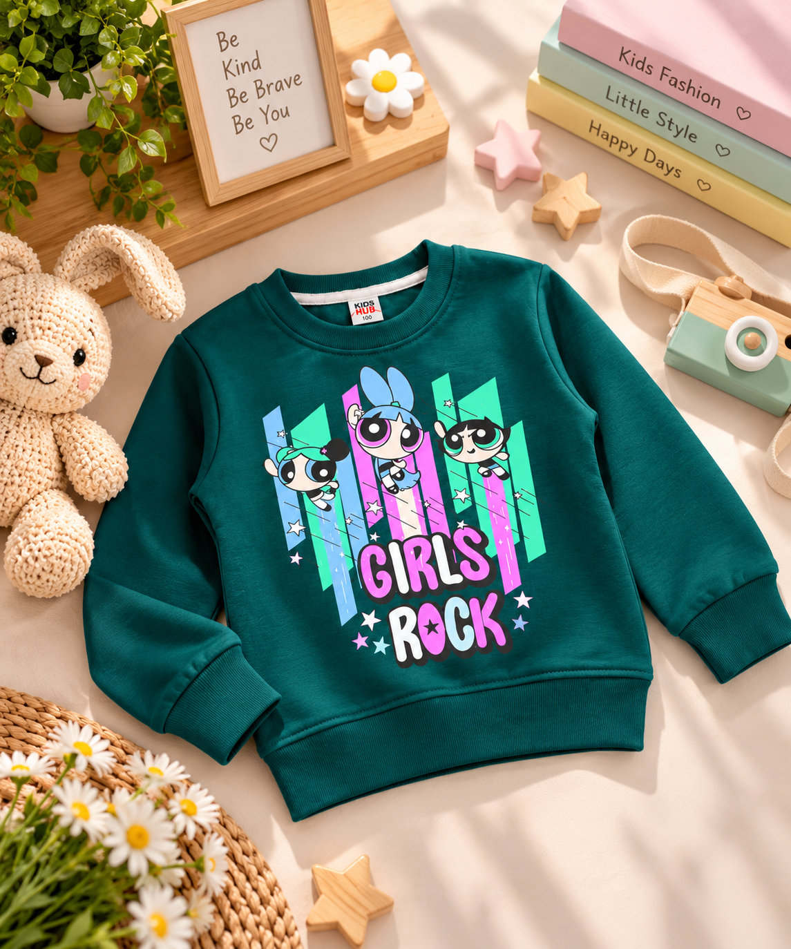 Girls Rock Cartoon Graphic Sweatshirt – Dark Teal Green