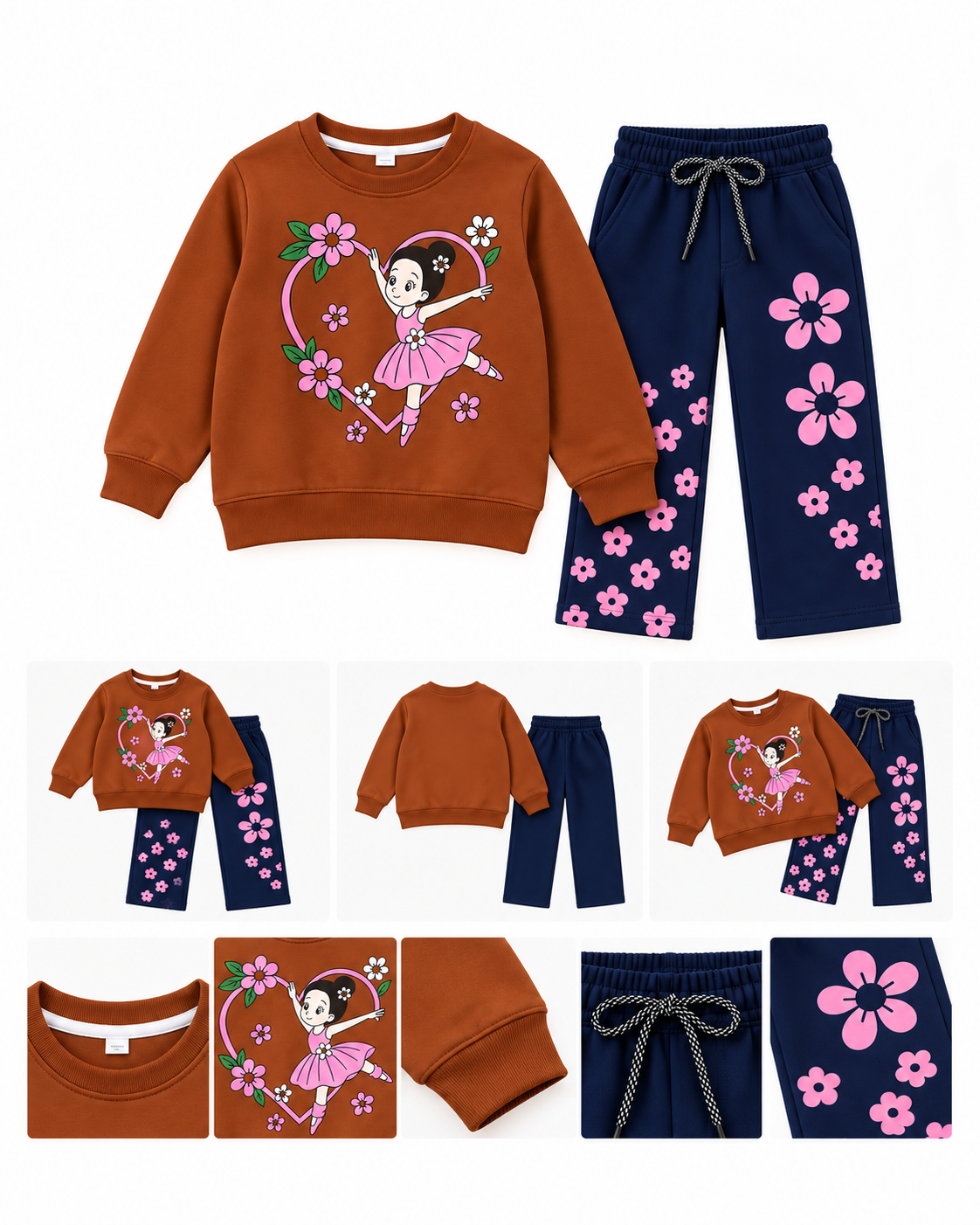 Girls Ballerina Floral Print Sweatshirt & Trouser Set – Brown & Navy Blue D