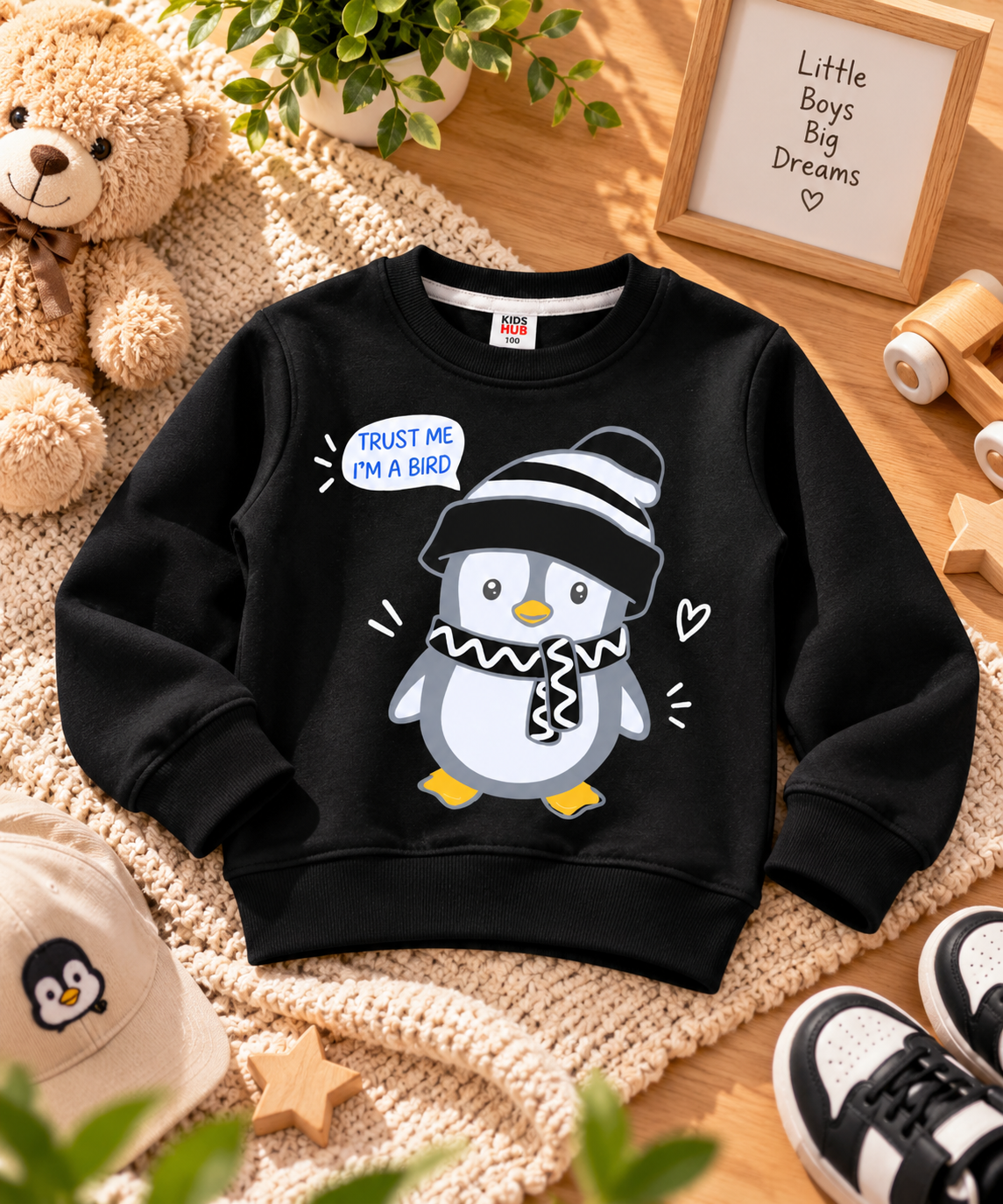 Cute Penguin Cartoon Graphic Sweatshirt for Boys – Black