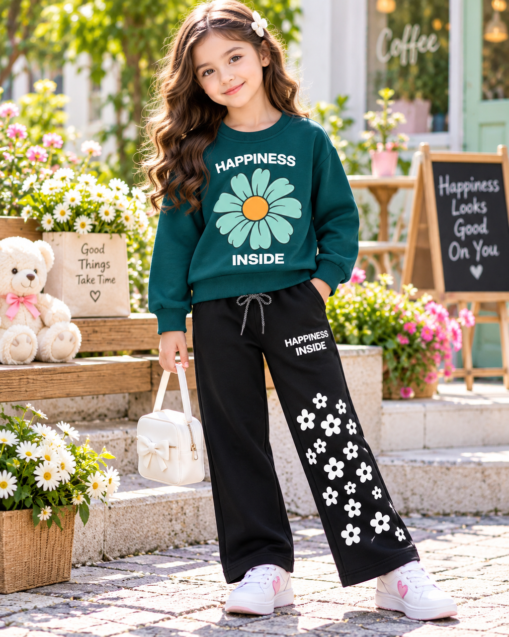 Girls Happiness Inside Floral Sweatshirt & Trouser Set – Dark Green & Black