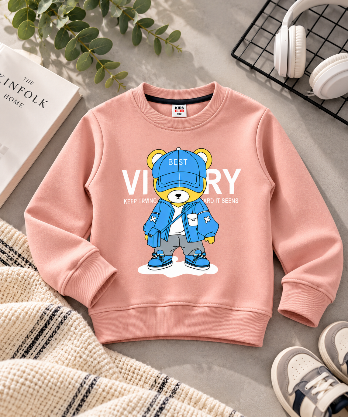 Victory Bear Graphic Sweatshirt for Kids – Peach Pink