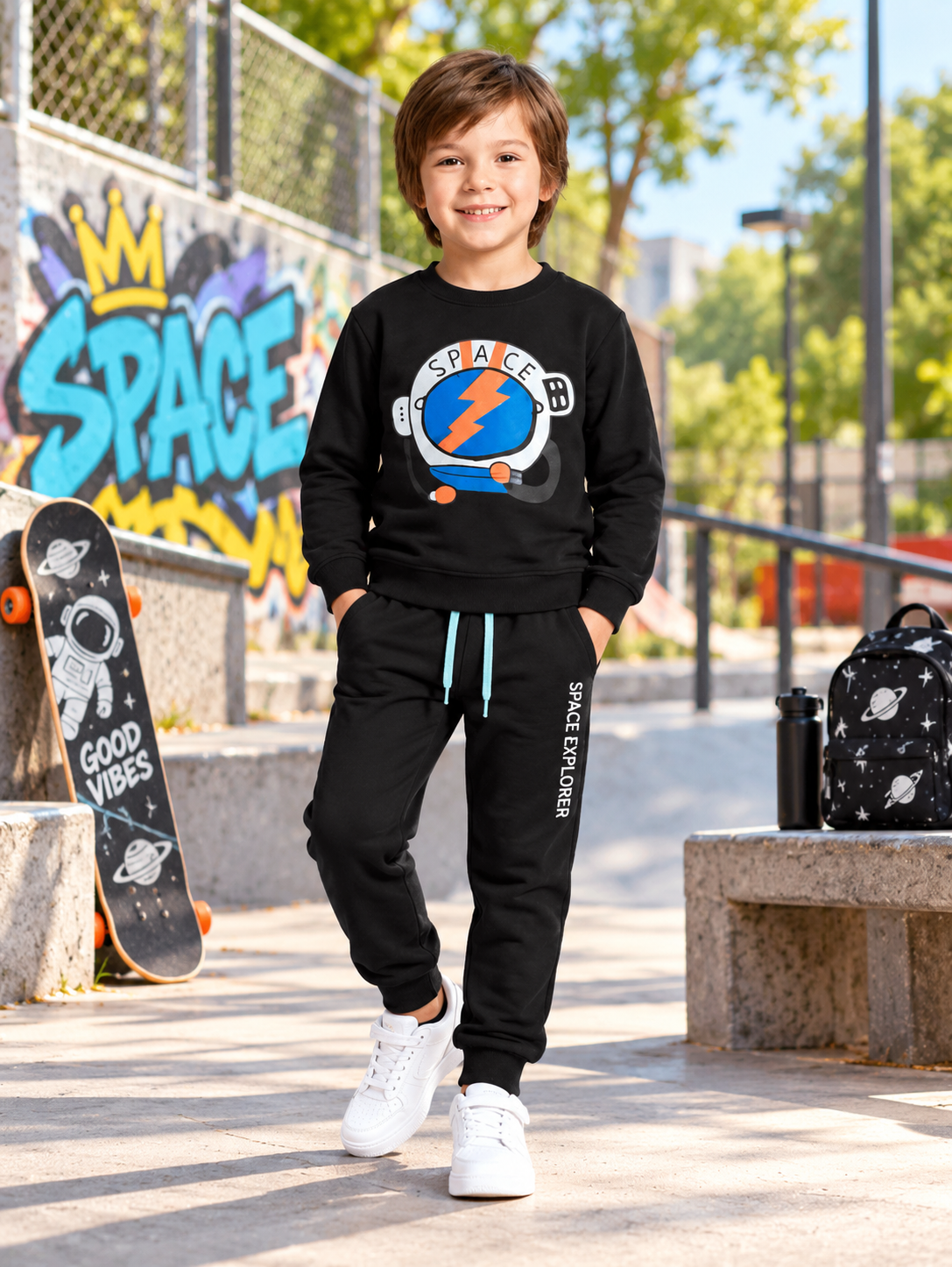 Boys Space Explorer Graphic Winter Tracksuit – Black