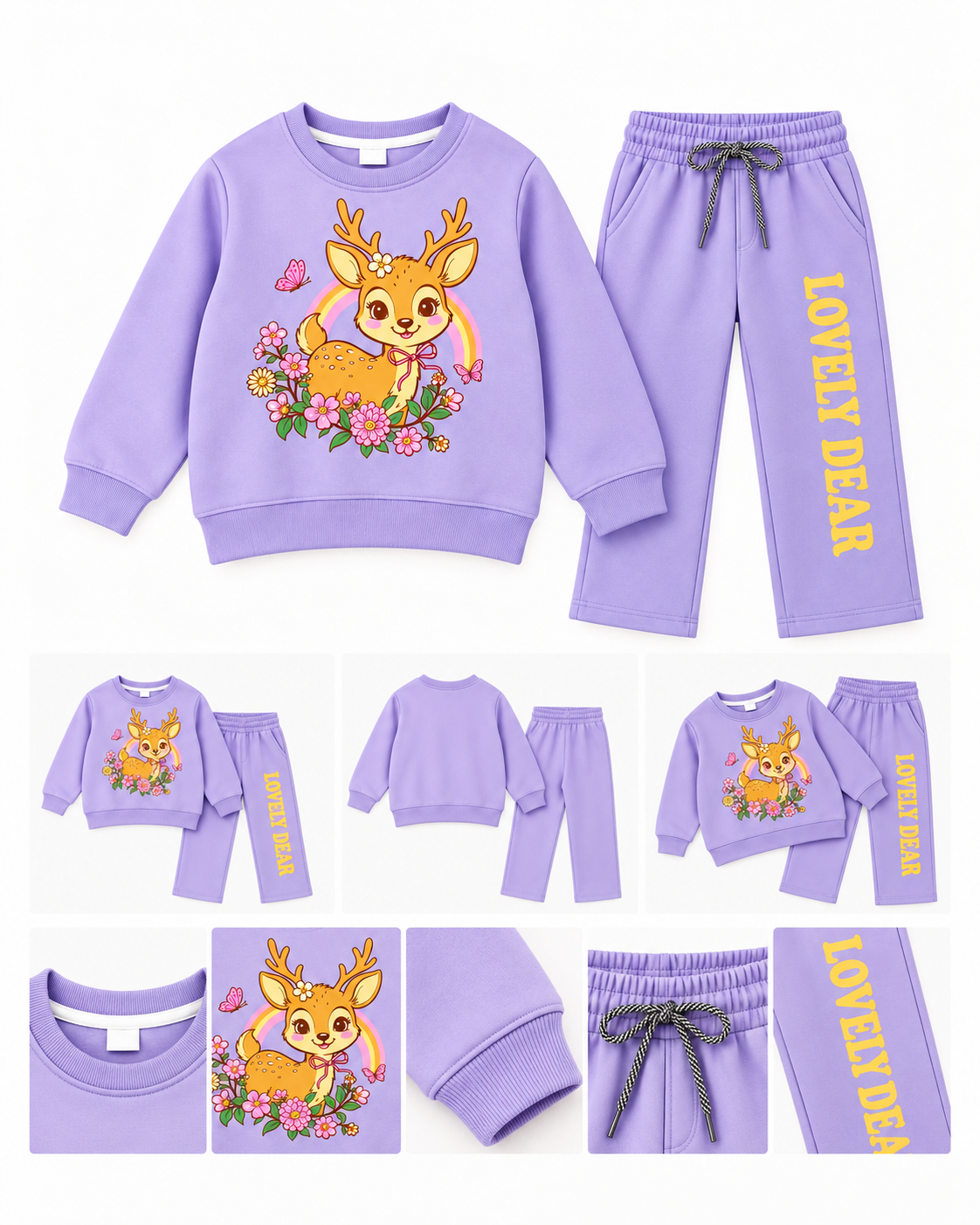 Girls Lovely Dear Deer Print Sweatshirt & Trouser Set – Lavender Purple