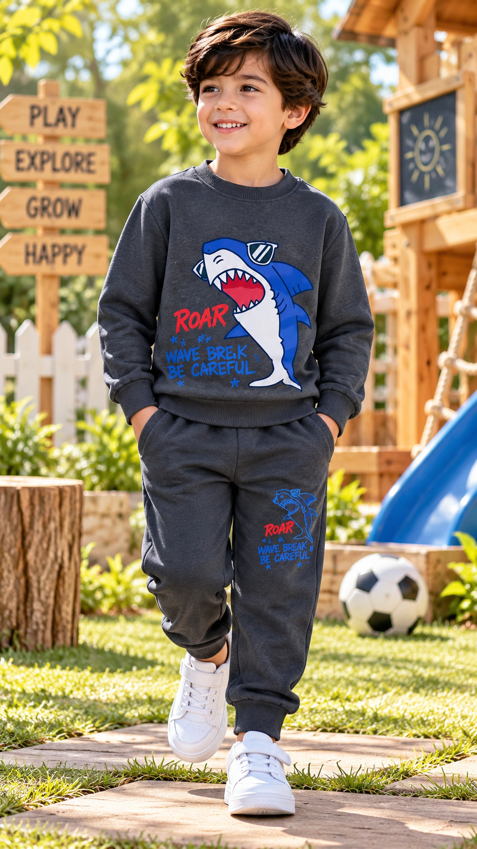 Boys Shark Print Winter Tracksuit – Charcoal Grey