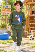 Shark Print Boys Olive Green Tracksuit – 2 Piece Set