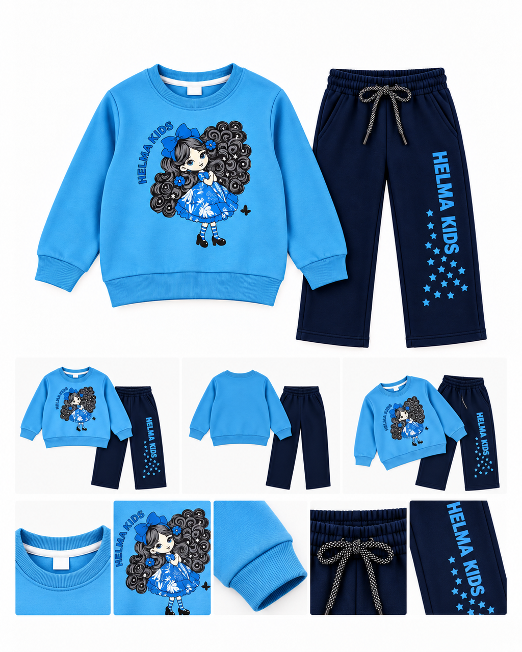 Girls Helma Kids Graphic Sweatshirt & Trouser Set – Sky Blue & Navy Blue