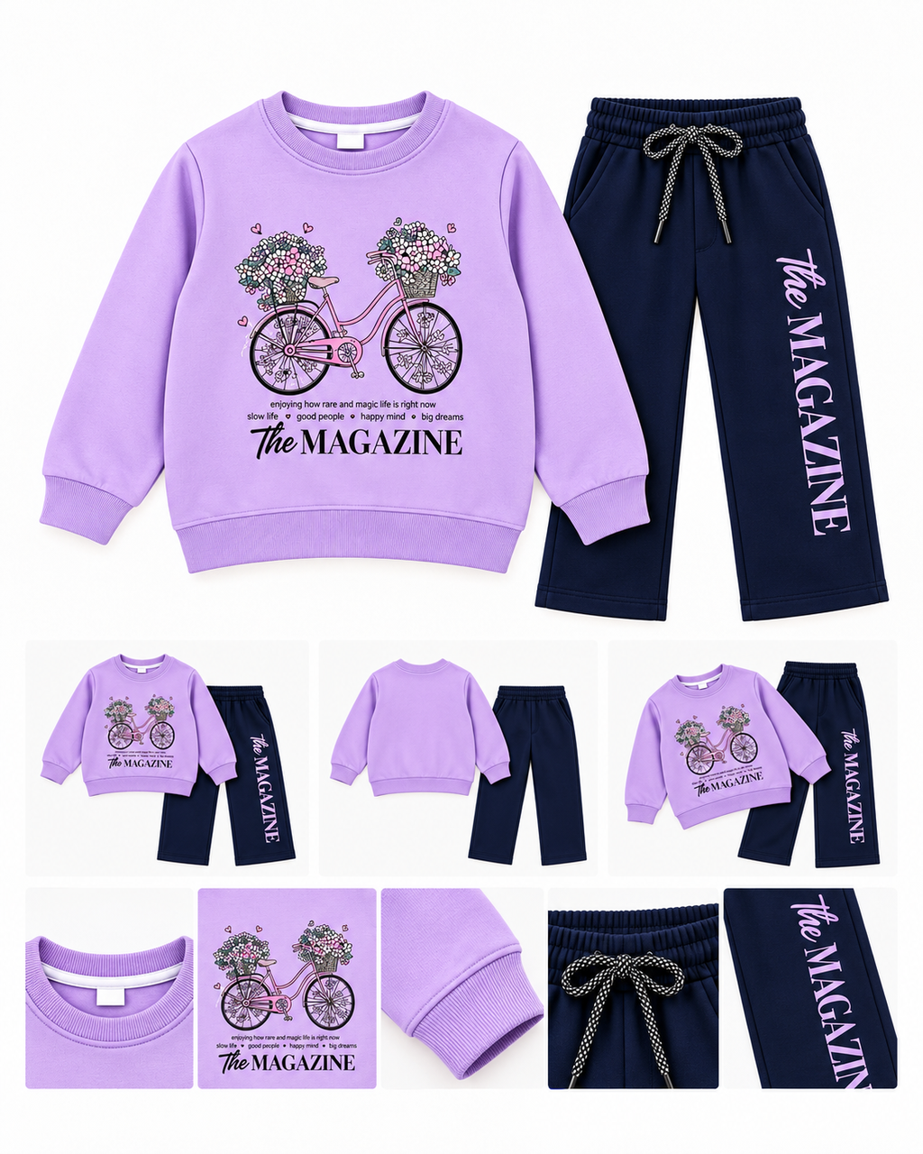 Girls Floral Bicycle Print Sweatshirt & Trouser Set – Lavender & Navy Blue D