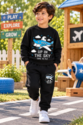 Airplane Print Boys Black Tracksuit – 2 Piece Set