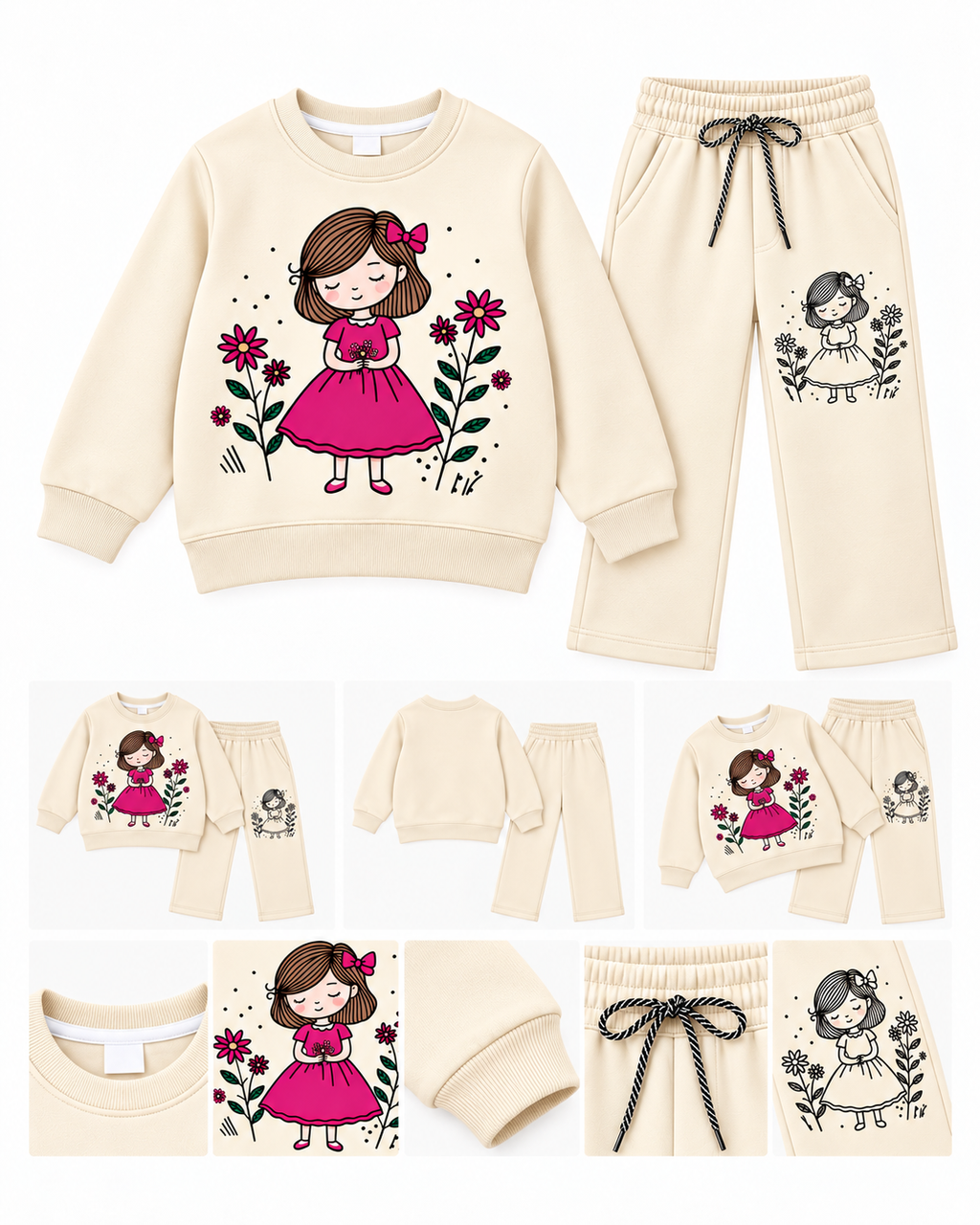 Girls Cute Floral Doll Print Sweatshirt & Trouser Set – Cream