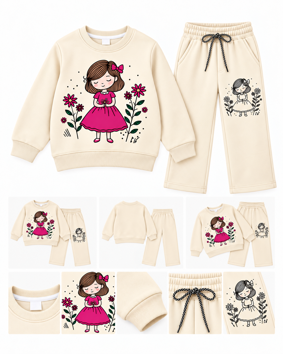 Girls Cute Floral Doll Print Sweatshirt & Trouser Set – Cream