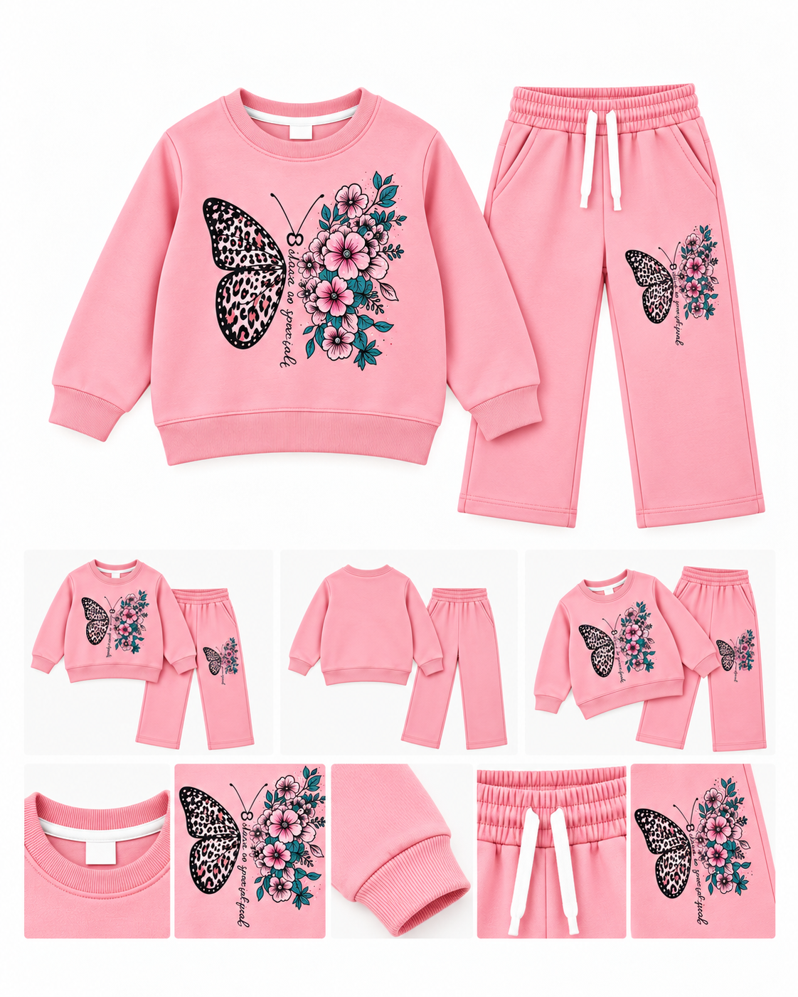 Girls Butterfly Floral Print Sweatshirt & Trouser Set – Baby Pink
