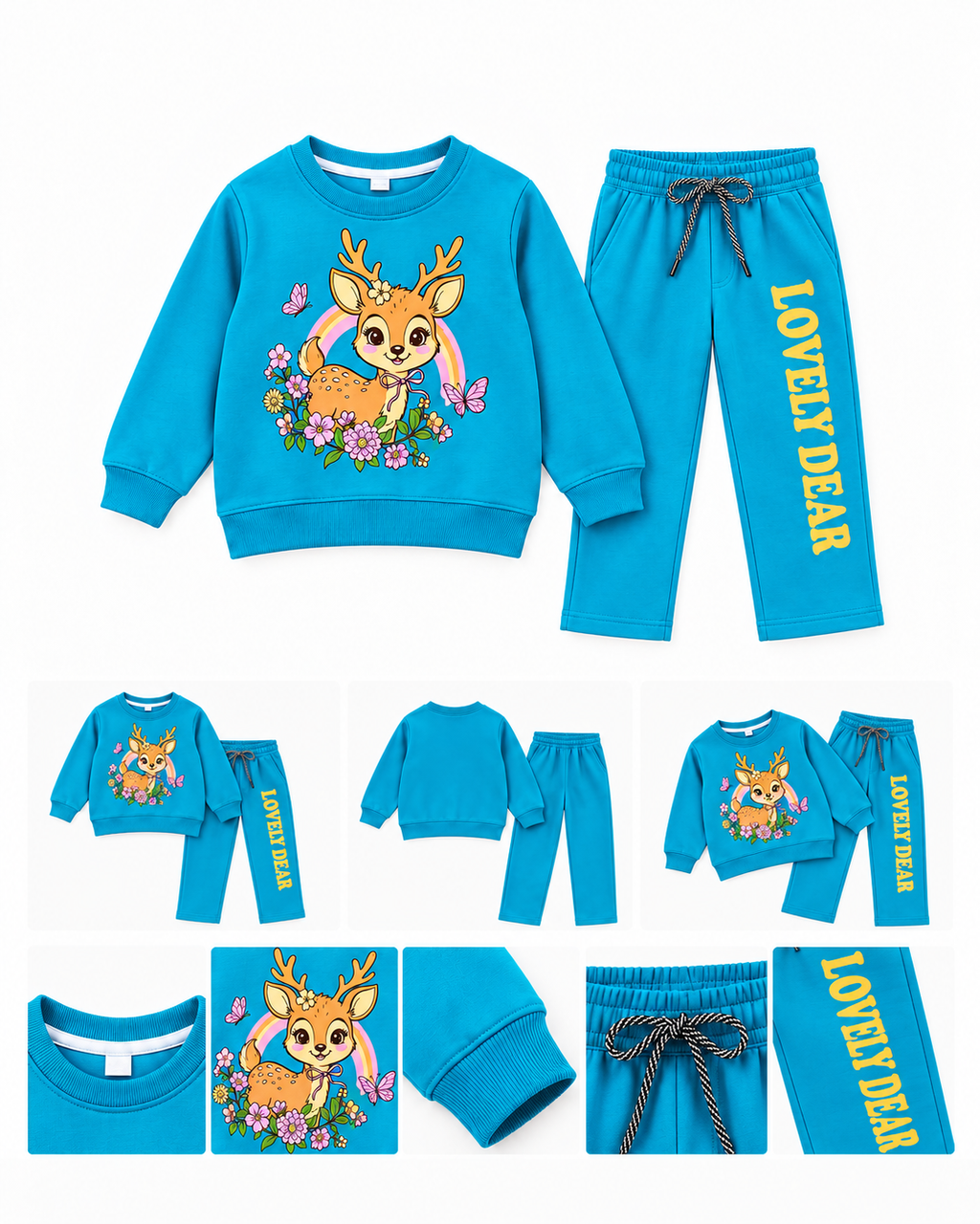 Lovely Dear Deer Print Girls Sweatshirt & Trouser Set – Blue D