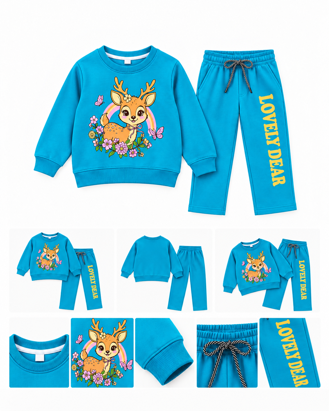 Lovely Dear Deer Print Girls Sweatshirt & Trouser Set – Blue D