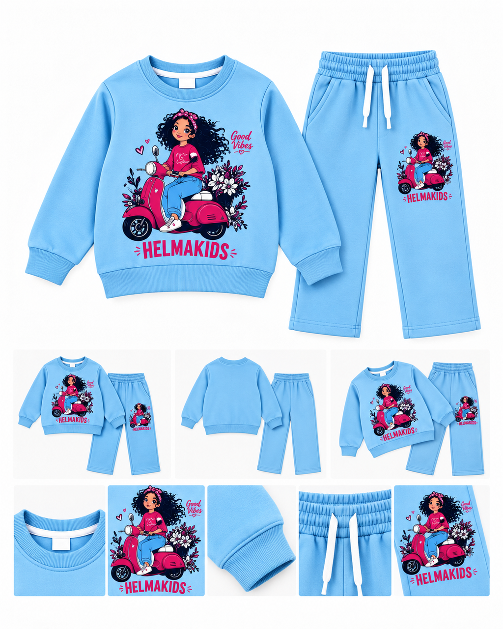 Girls Good Vibes Scooter Print Sweatshirt & Trouser Set – Sky Blue