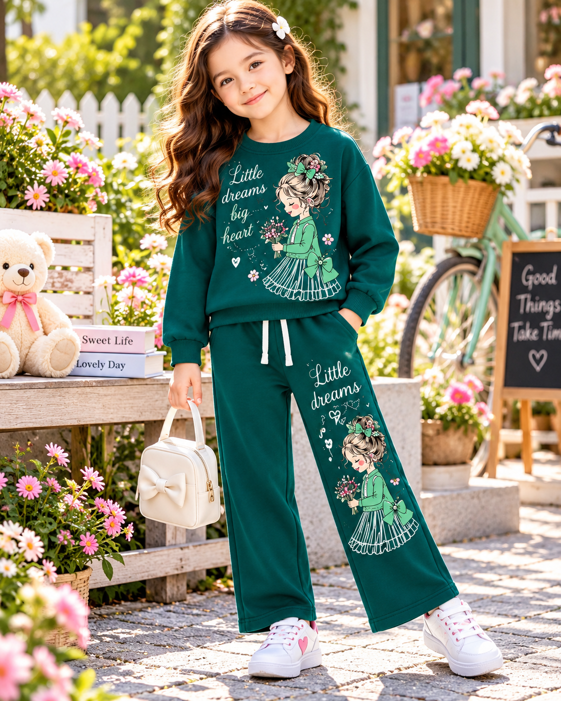 Girls Little Dreams Big Heart Sweatshirt & Trouser Set – Emerald Green