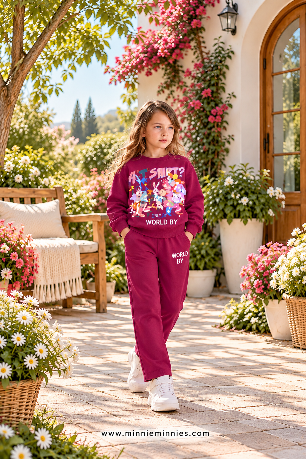 Cartoon Friends Kids Winter Sweatshirt & Trouser Set – Berry Magenta