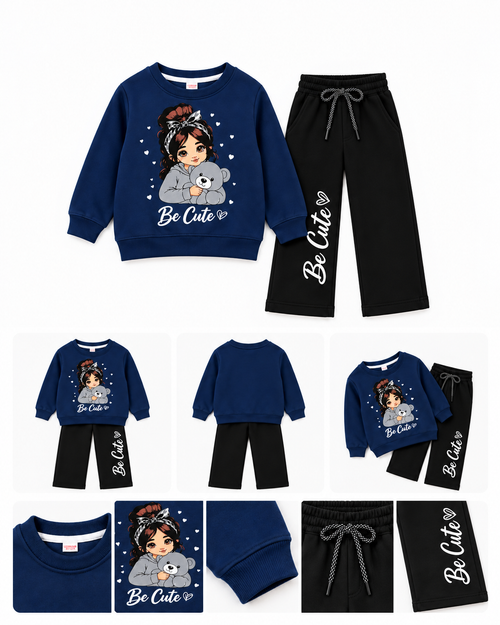 Be Cute Girls Sweatshirt & Wide Leg Trouser Set – Navy Blue & Black