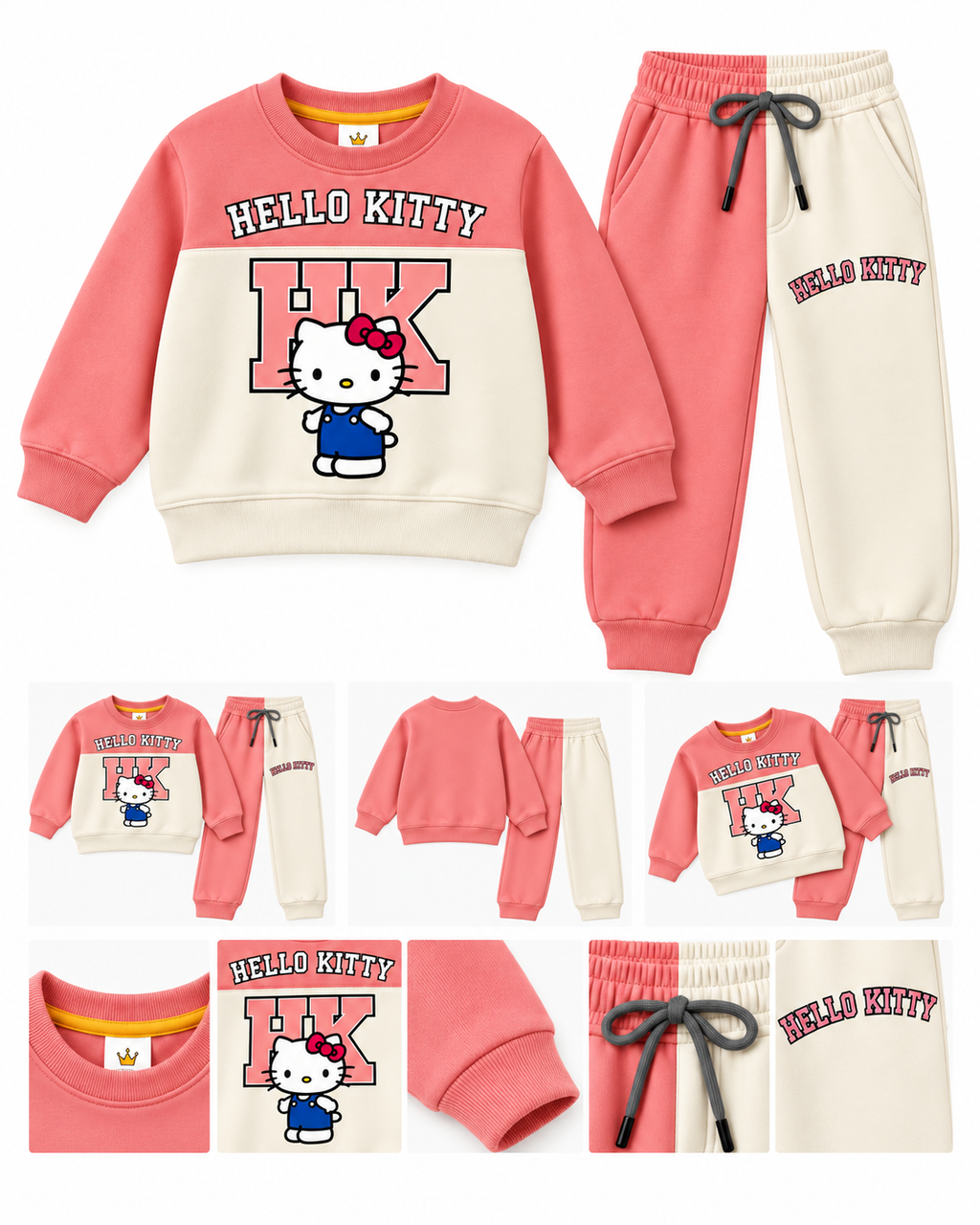 Girls Hello Kitty Winter Sweatshirt & Jogger Set – Pink & Cream