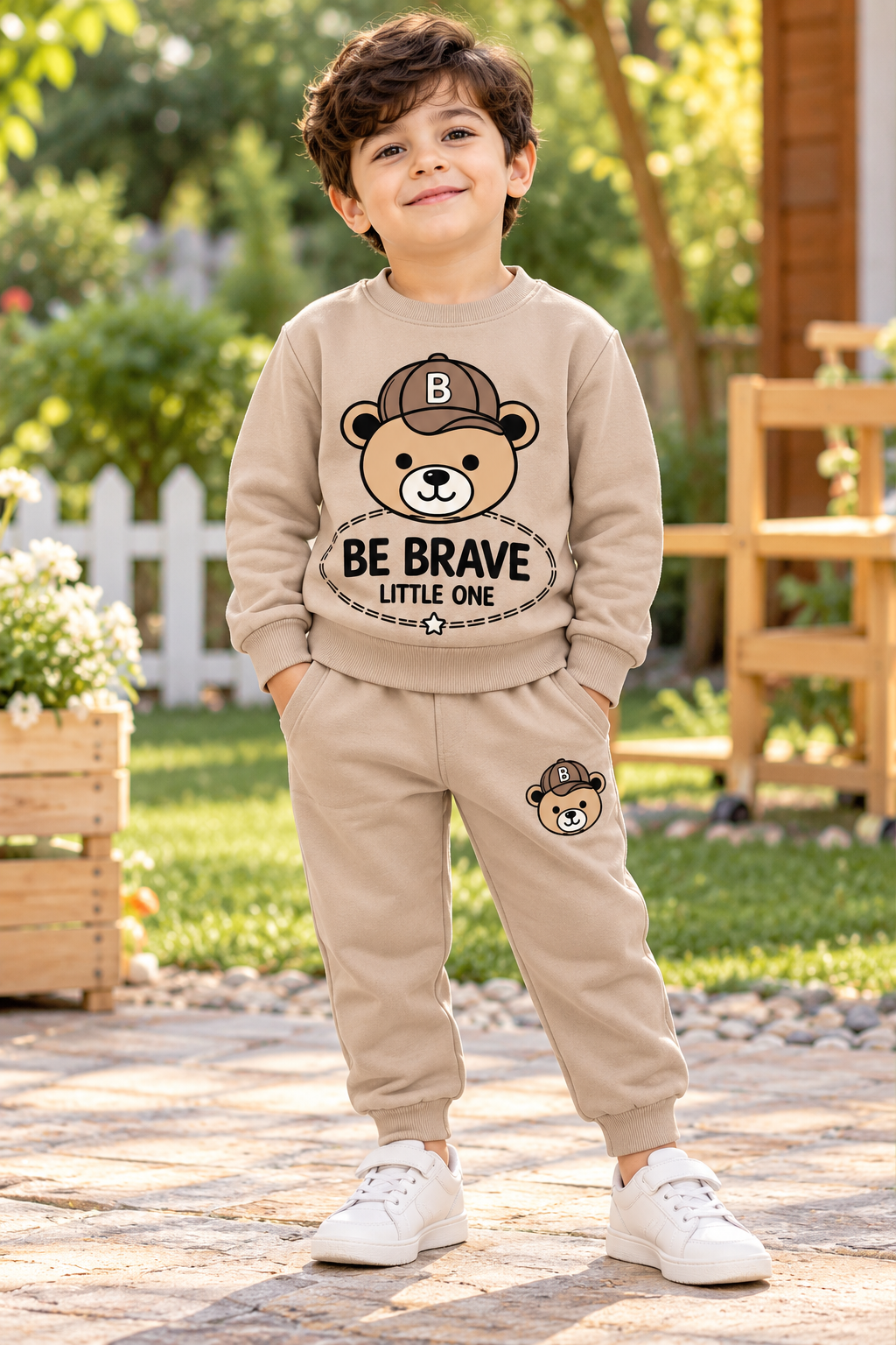 Be Brave Teddy Bear Winter Sweatshirt & Trouser Set for Kids – Beige