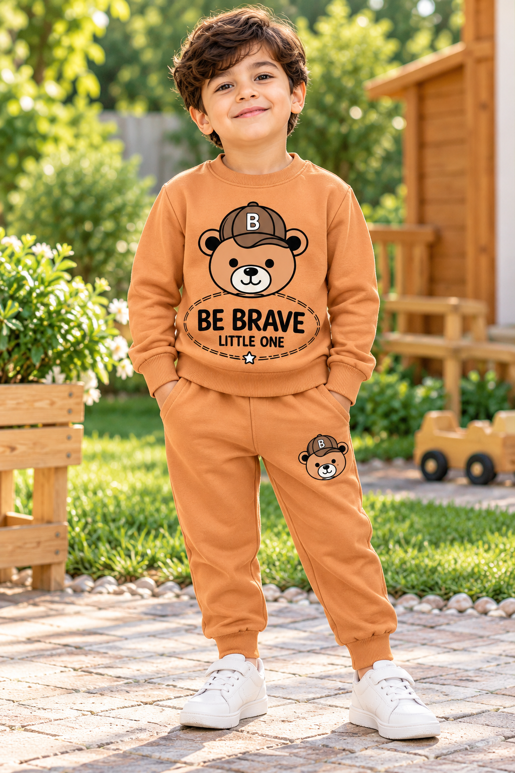 Be Brave Teddy Bear Winter Sweatshirt & Trouser Set for Kids – Caramel Brown