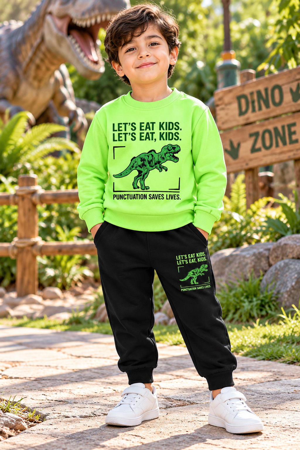 Dino Roar Winter Sweatshirt & Trouser Set for Boys – Neon Green & Black