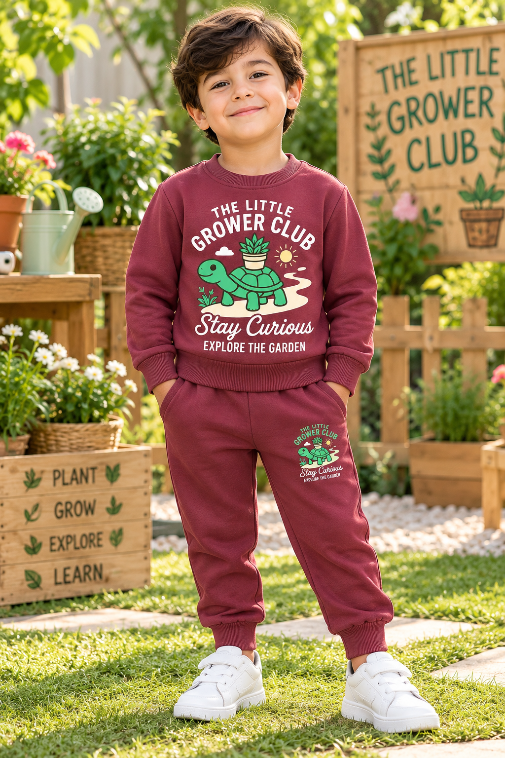 Little Grower Turtle Winter Sweatshirt & Trouser Set for Kids – Dusty Mauve