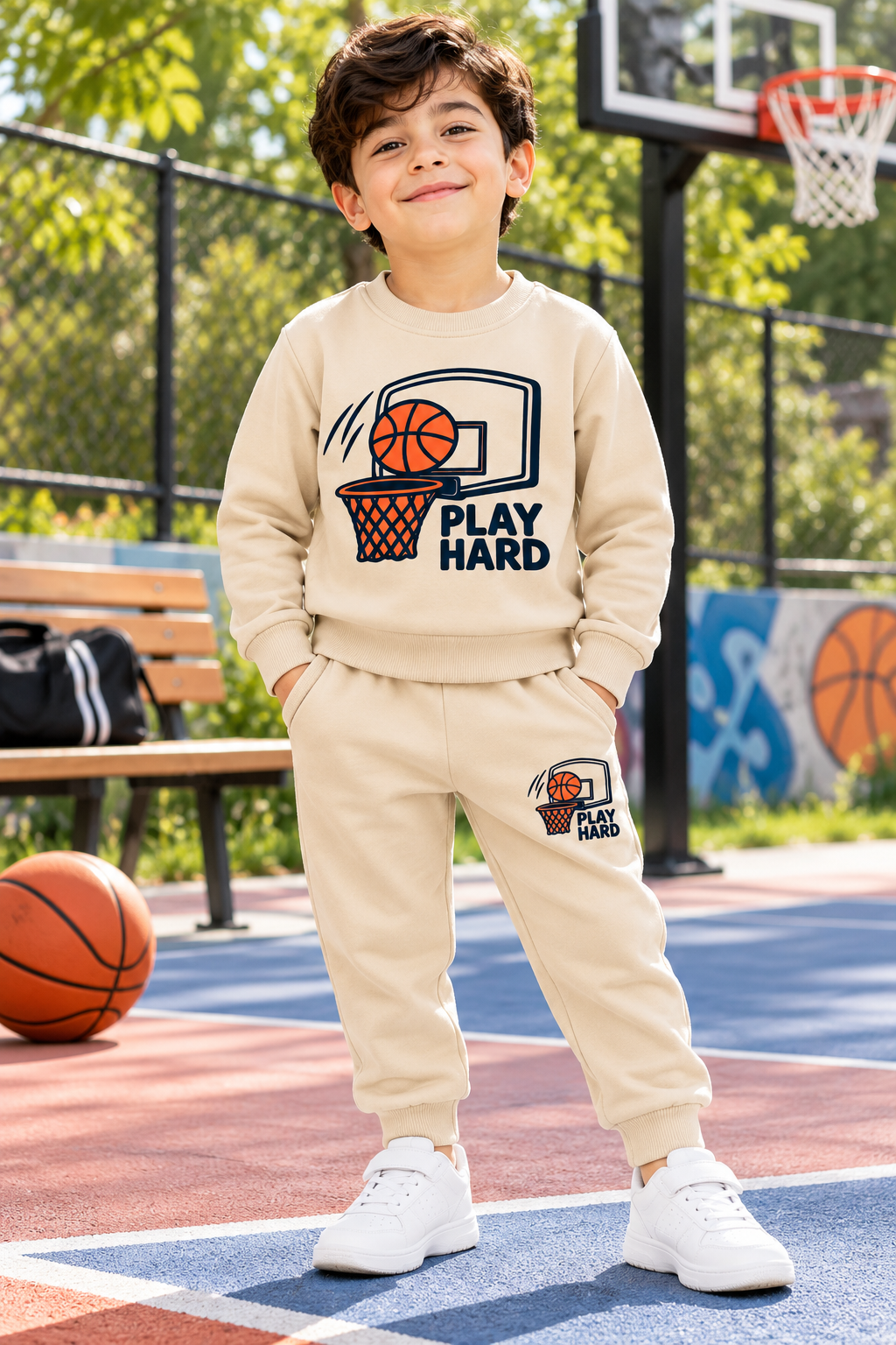 Play Hard Basketball Winter Sweatshirt & Trouser Set for Boys – Cream Beige