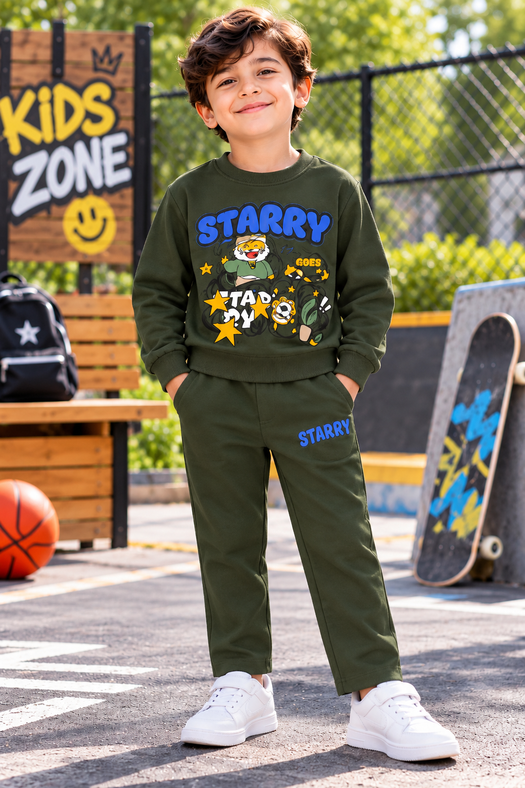 Starry Adventure Kids Winter Sweatshirt & Trouser Set – Olive Green