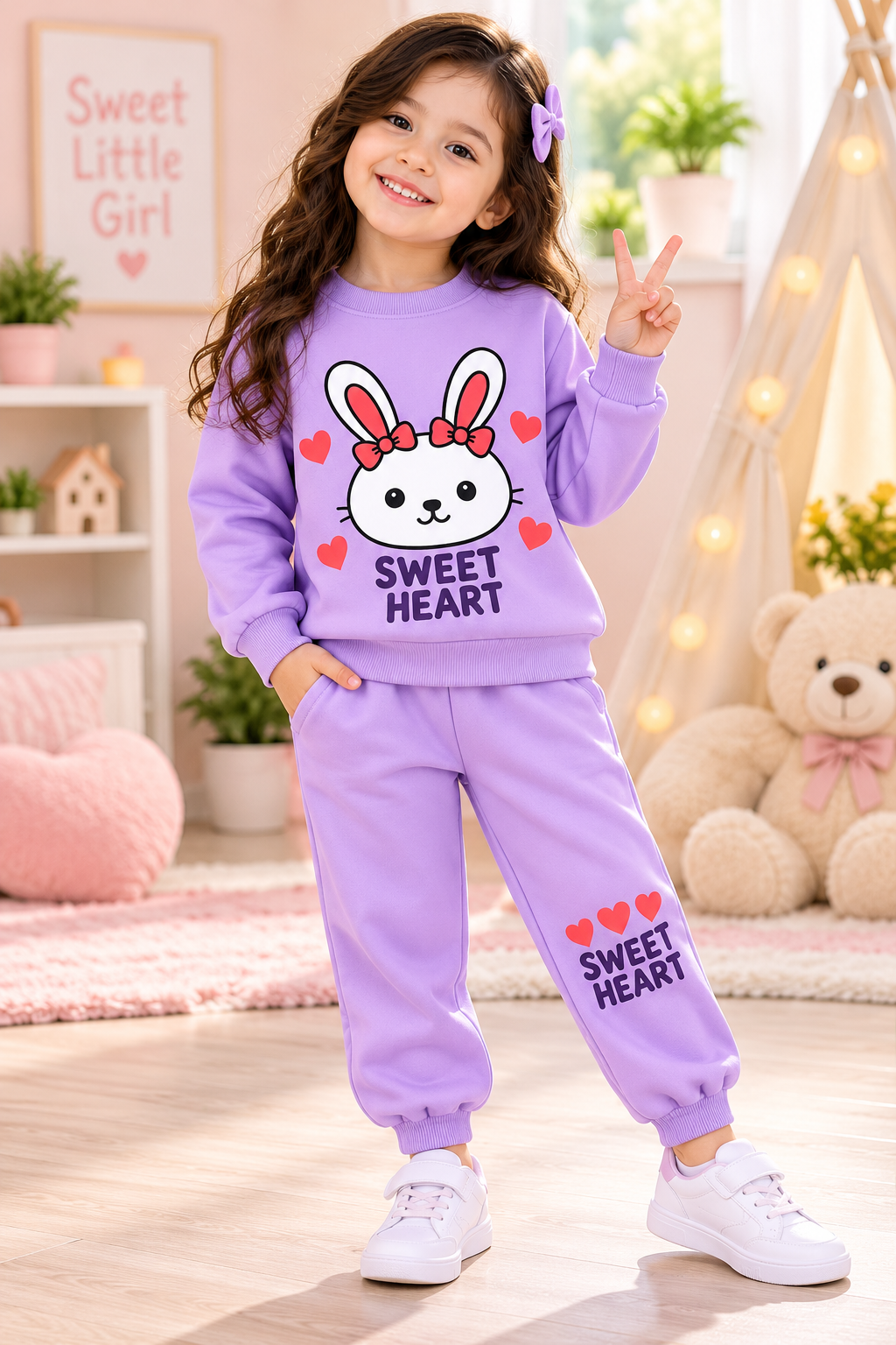 Sweetheart Bunny Winter Sweatshirt & Trouser Set for Girls – Lavender Purple