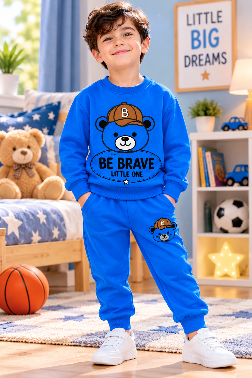 Be Brave Teddy Bear Winter Sweatshirt & Trouser Set for Kids – Royal Blue