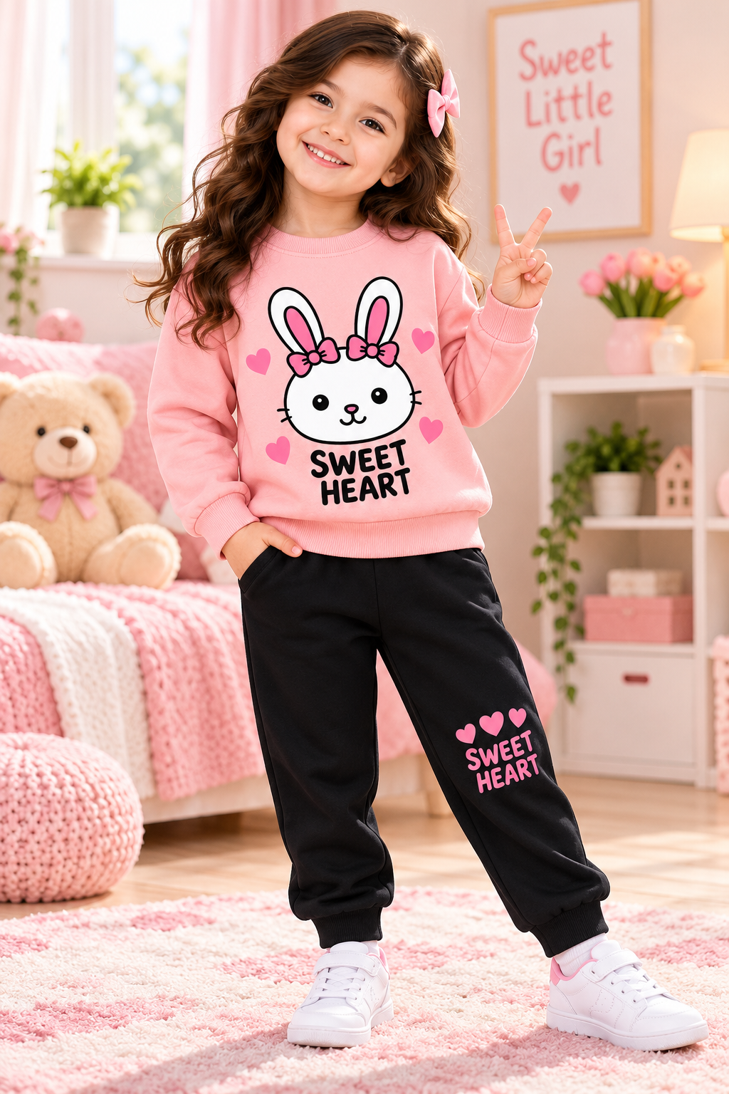 Sweetheart Bunny Winter Sweatshirt & Trouser Set for Girls – Peach Pink & Black