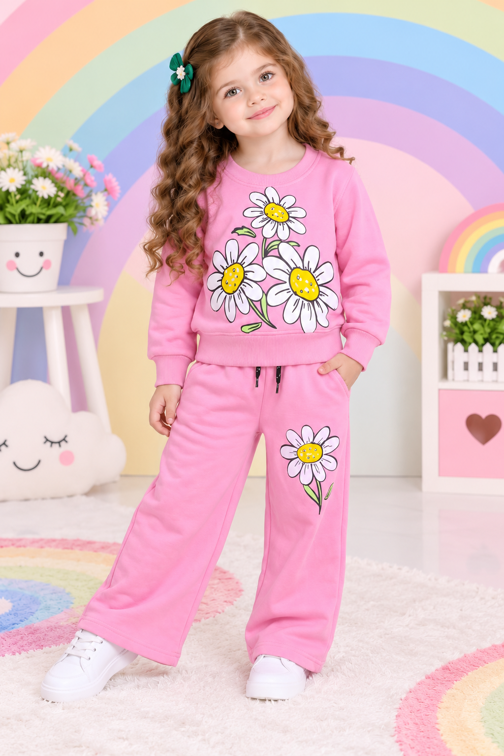 Girls Pink Daisy Floral Sweatshirt & Wide Leg Trouser Set