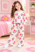 Girls Pink Floral Printed Sweatshirt & Wide Leg Trouser Set