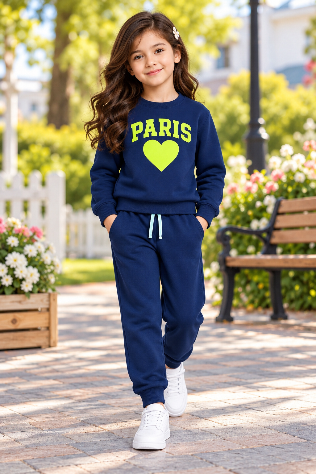 Girls Paris Heart Printed Winter Sweatshirt & Jogger Set – Navy Blue