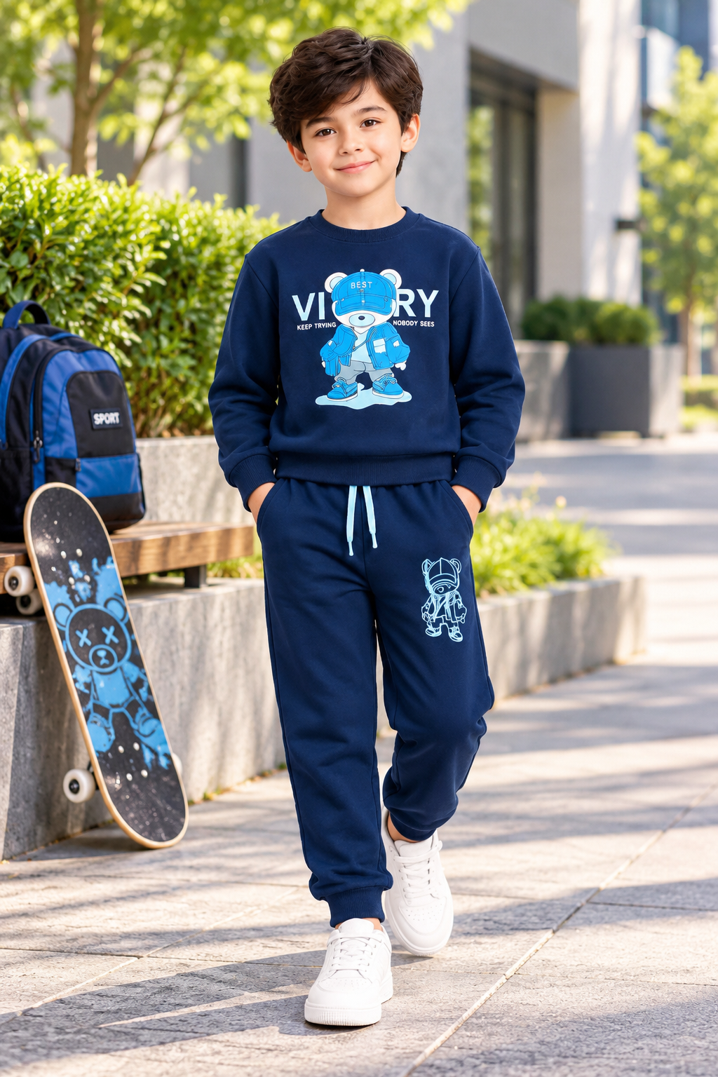 Boys Victory Bear Printed Winter Sweatshirt & Jogger Set – Navy Blue