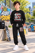 Boys Stay Strong Printed Winter Sweatshirt & Jogger Set – Black