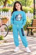 Girls Unicorn Print Winter Sweatshirt & Jogger Set – Sky Blue