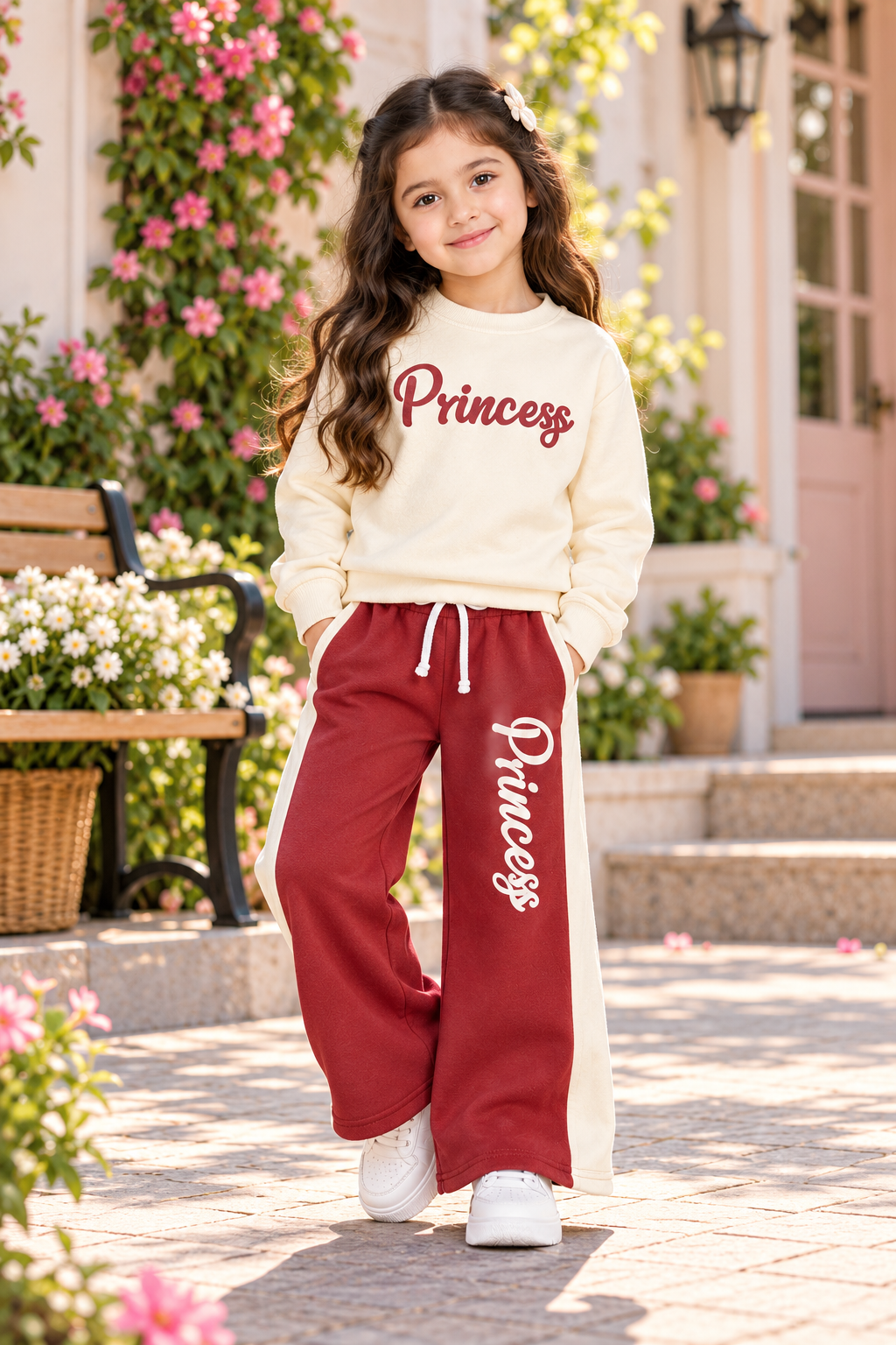 Princess Girls Wide Leg Tracksuit – Cream & Maroon