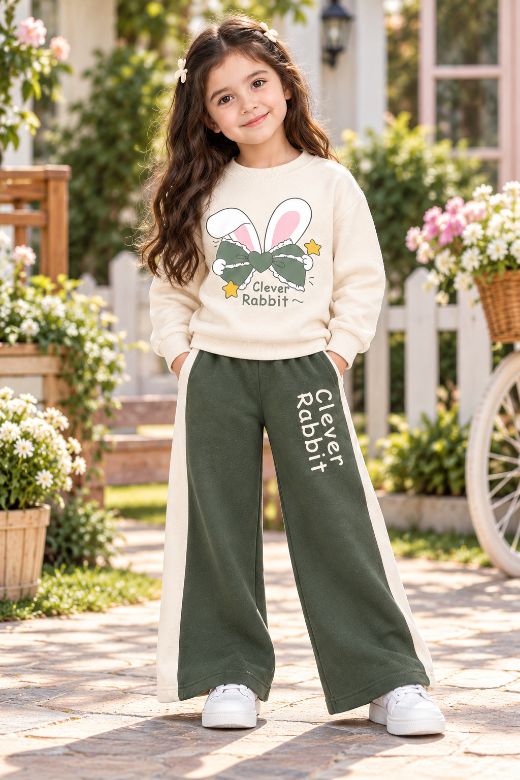 Clever Rabbit Girls Wide Leg Tracksuit – Cream & Olive Green