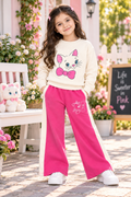 Cute Kitty Girls Wide Leg Tracksuit – Cream & Pink